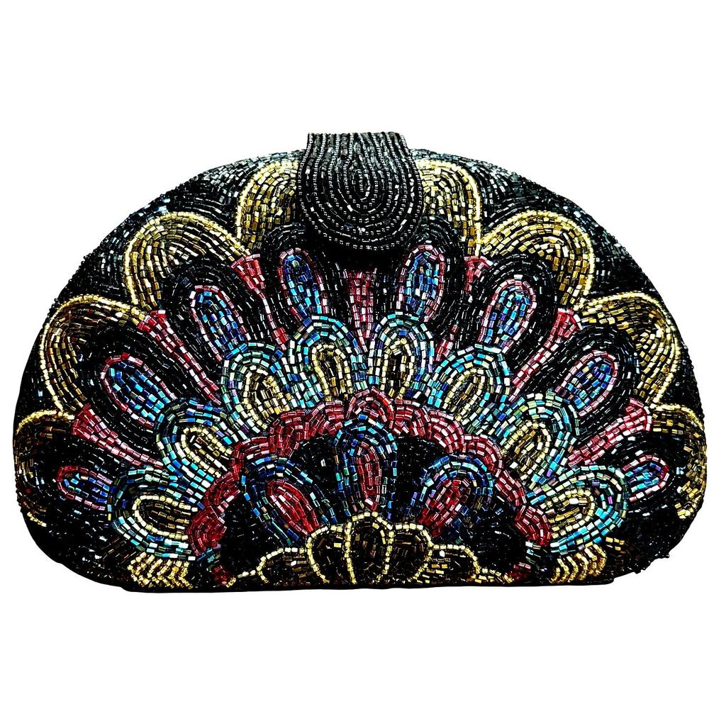 Vintage black & multicolor beaded purse gold chain evening bag dressy clutch